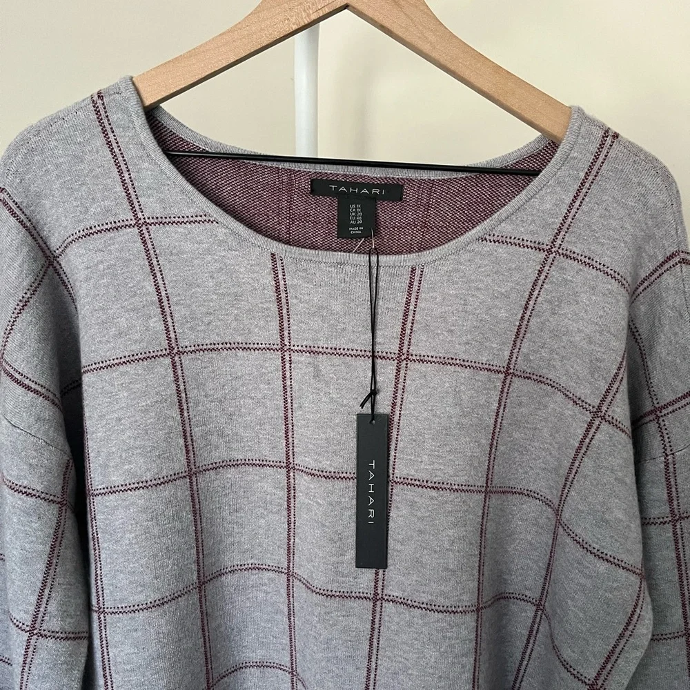 NWT TAHARI Pullover Plaid Knit Sweater Top 3/4 Sleeves Tunic Grey Red Women’s 1X - Picture 5 of 13